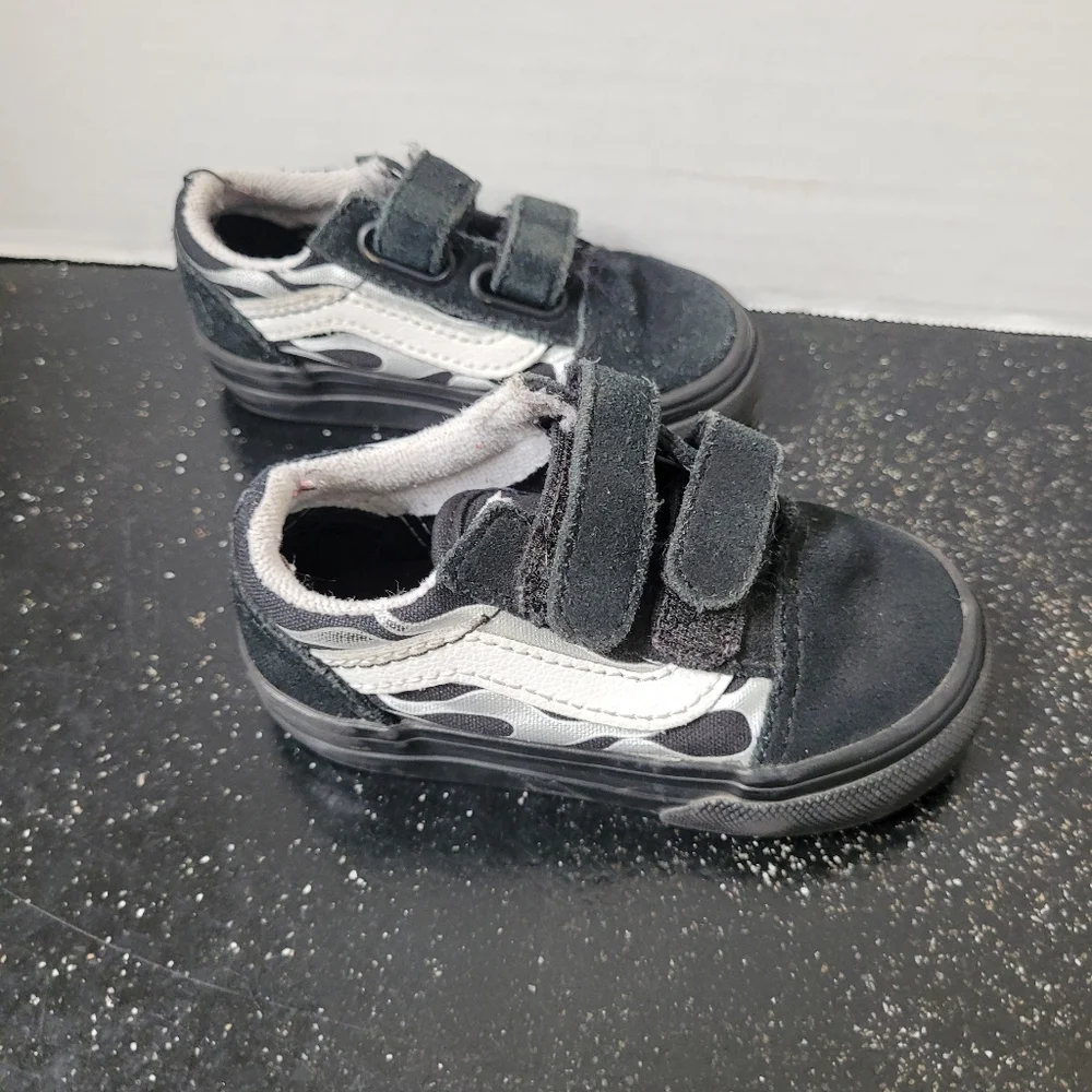 Kids Black Suede Vans With Silver Flames Sneakers